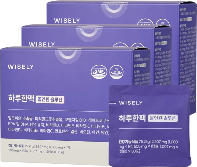와이즐리 오메가3 멀티비타민 미네랄 밀크씨슬 루테인 아스타잔틴 코엔자임Q10 하루한팩 올인원 솔루션, 3개, 30회분 - 쿠팡