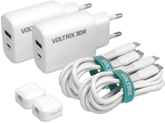 [30W + 30W 2세트] 볼트릭스 30W 충전기 2개 + C타입 케이블 2개 + 마그네틱 케이블 홀더 2개 아이폰 갤럭시 충전기, 2세트, 화이트