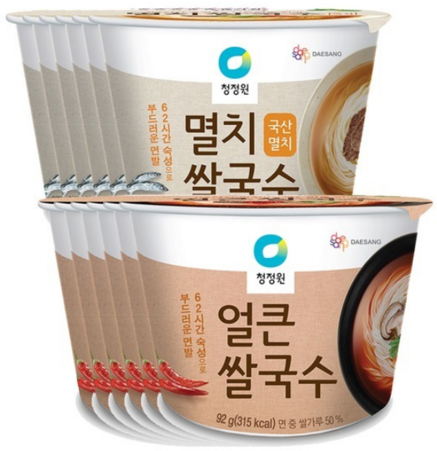 청정원 컵쌀국수 92g 12개(멸치 6개+얼큰 6개) 맛있는 한끼든든 즉석 국수 캠핑 여행 면 음식 건강 간식 야식 쌀 음식 식품