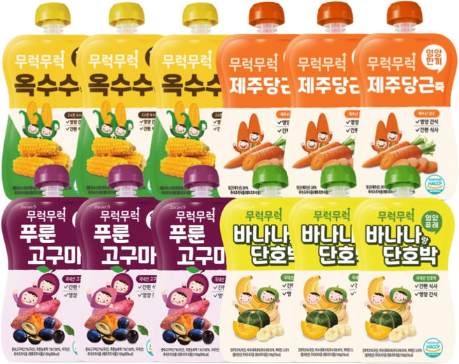 무럭무럭 키즈죽 과일퓨레 알뜰 12팩 (옥수수 제주당근 바나나단호박 푸룬고구마 각 3팩), 고구마, 단호박, 제주당근, 옥수수