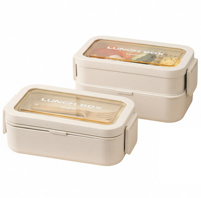 2단 직장인 도시락통 전자렌지 칸막이 소풍도시락 런치박스 숟가락 포크 세트, 1개, 밀색