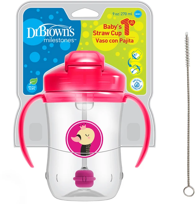 닥터브라운 신형 추추빨대컵 270ml + 청소솔, 핑크, 1개 - 쿠팡