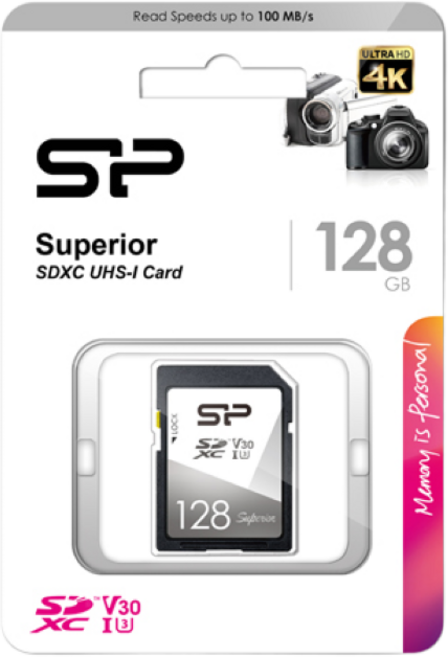 실리콘파워 Superior SDXC 클래스 10. UHS-I U3 V30 4K UHD SD카드 DSLR 카메라 HD 캠코더, 128GB, 1개
