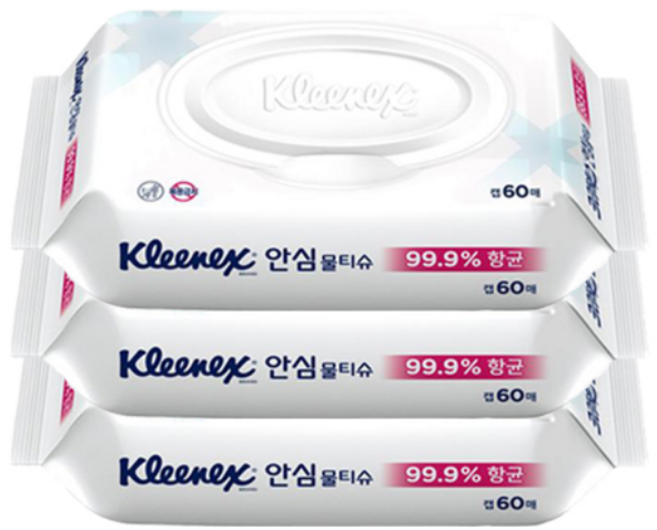 크리넥스 안심 99.9% 항균 60매 물티슈 캡형, 60매입, 10개