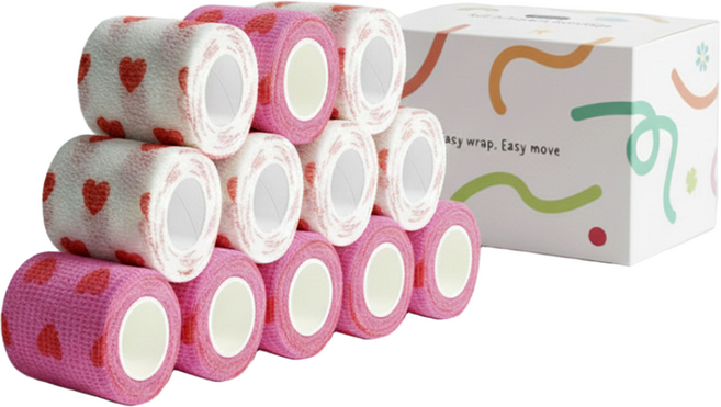 이티씨몰 자가점착 밴드 5cm 압박붕대 패턴 2종 모음 하트 화이트 핑크 10+2, 1개