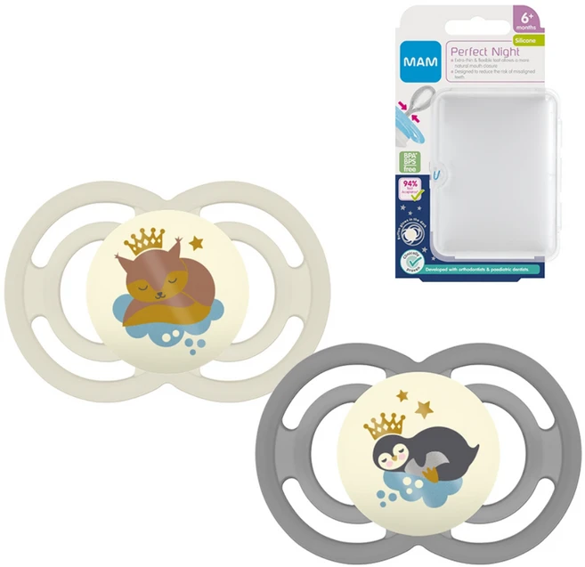 맘베이비 퍼펙트나이트 치아발달 실리콘 쪽쪽이 2p+간편세척 케이스 그레이 아이보리, 6개월, 1세트 - 쿠팡
