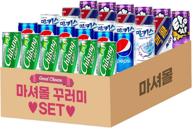 마셔몰 미니캔 탄산음료 세트 칠성사이다 밀키스 펩시콜라 맥콜 탑씨포도 5가지맛, 60개, 190ml