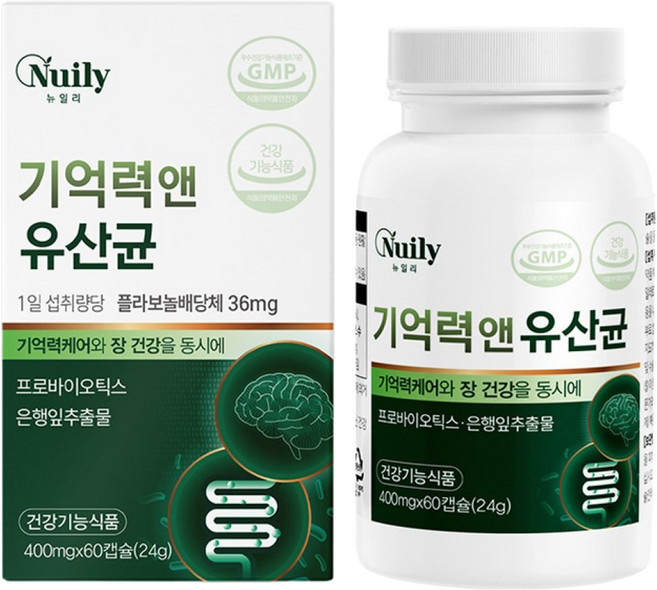 뉴일리 기억력 앤 유산균 400mg 은행잎 추출물 프로바이오틱스 폴라보놀 두뇌 장케어 기억력 혈행 개선, 1개, 60정