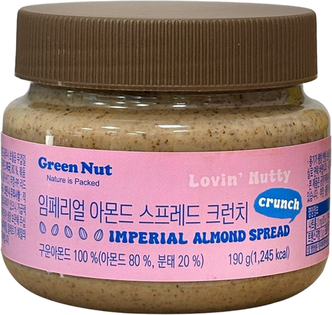 그린너트 임페리얼 아몬드 스프레드 크런치 아몬드버터 100% 견과류 버터 스프레드, 1개, 190g