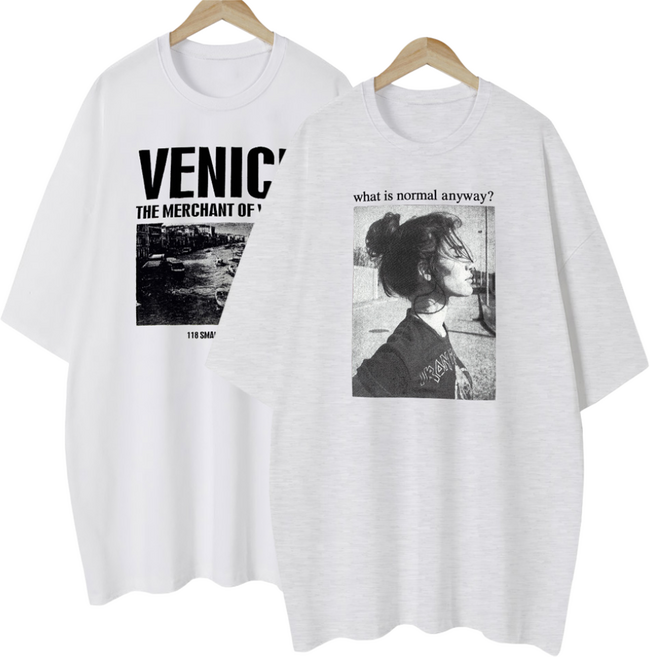 1+1 2장묶음 여성용 롱티 프린팅 여성 여자 반팔 티셔츠 루즈핏 편안한 빅사이즈 티