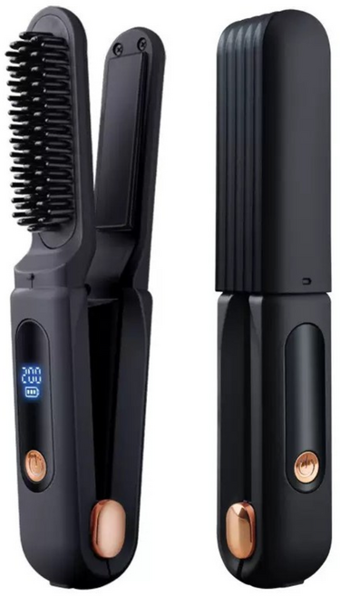 루베라 무선 충전 미니 고데기 브러시 휴대용 스트레이트&컬 2in1 음이온 헤어 케어, X-305, 블랙