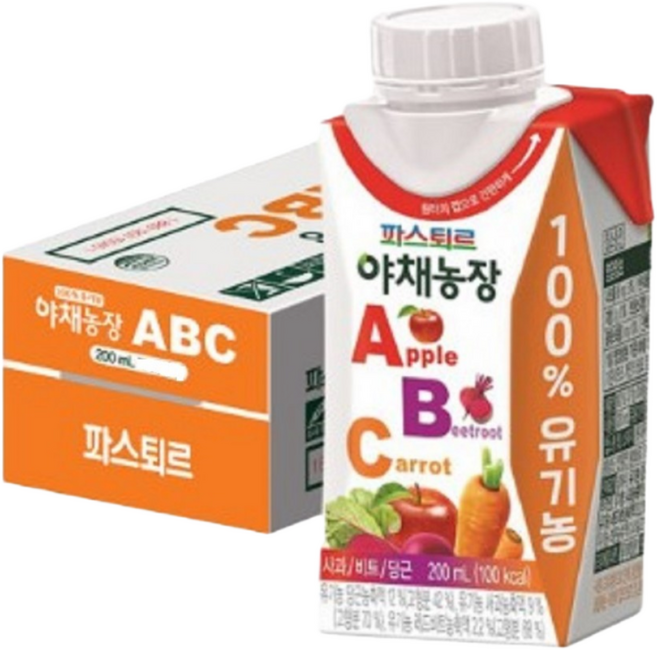 파스퇴르 100% 유기농 야채농장 ABC 주스 실온보관, 200ml, 20개