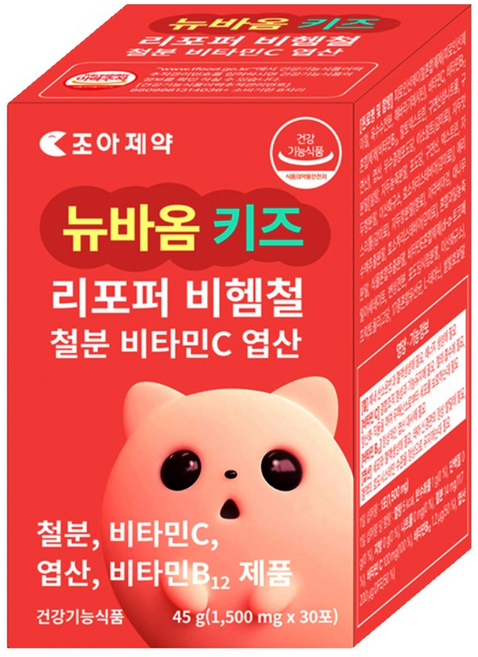 뉴바옴 키즈 리포버 비헴철분 엽산 비타민C 비타민B12 철분제 헤모론 헤모글로빈 빈혈 청소년 어린이 유아 아기 영유아 비햄철(non-heme iron), 1개, 30정