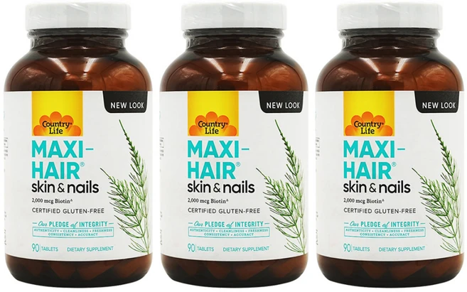 컨트리 라이프 맥시 헤어 스킨 & 네일 비오틴 2000mcg 90정 타블렛 3개 세트 컨츄리 ﻿라이땡 레티닐팔미테이트 아스코르브산 티아민 리보플라빈 니아신 피리독신염산염 셀레늄 - 쿠팡