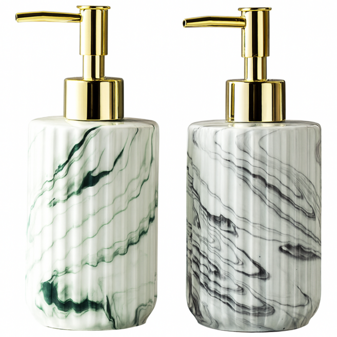 지디쿠 1+1 고급 호텔 욕실 대리석패턴 세라믹 디스펜서 샴푸 펌프 용기통, 1세트, 그레이+그린