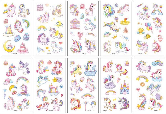 KC인증 유니콘 어린이 타투 스티커 HH타입 O타입 야광 헤나 문신 페이스페인팅 연말 성탄 할로윈용품 어린이집 유치원 학교 수업 놀이용 교구, HH타입 10종, 1개