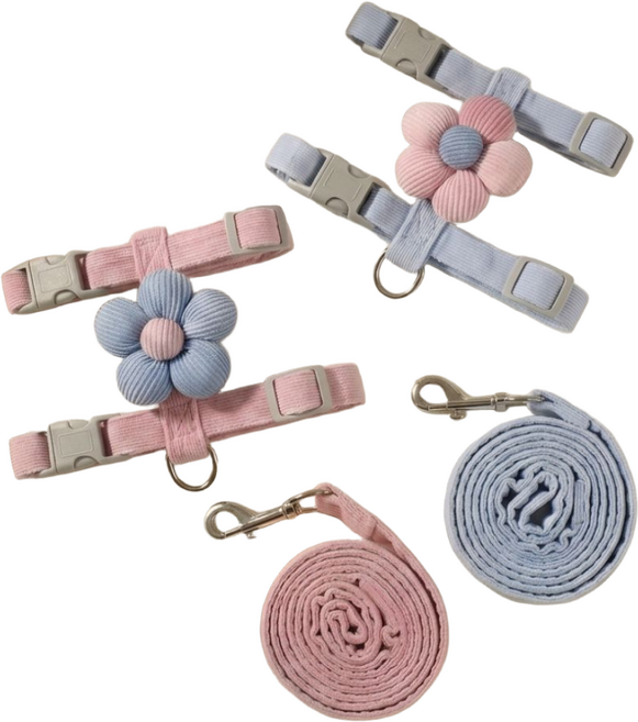 멜로우위시 반려 강아지 고양이 꽃 플라워 H형 산책 하네스 리드줄 세트, 1개, 핑크줄