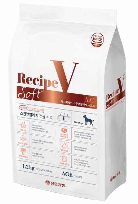 유한양행레시피브이 강아지 소프트 처방식 사료, 피부/피모+알러지, 1.2kg, 1개