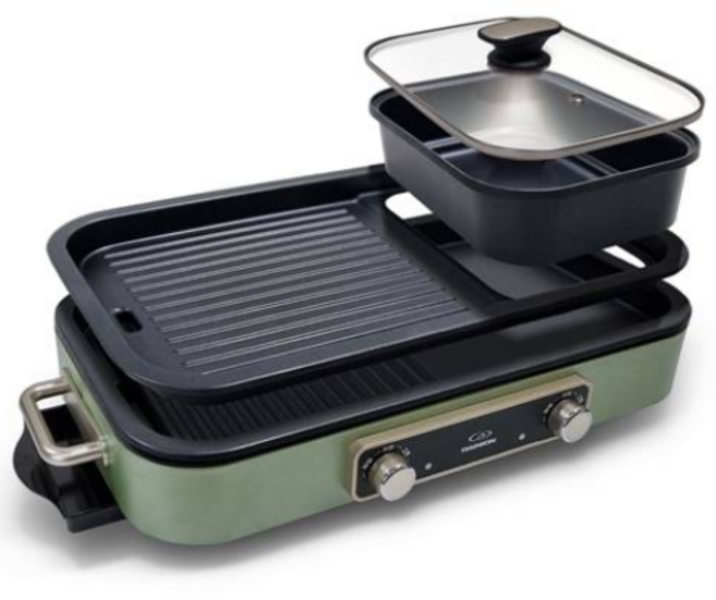 대원 반반멀티그릴 2IN1 캠핑용 가정용 전기그릴 라면냄비 삼겹살구이 전골요리, 카키+전골냄비