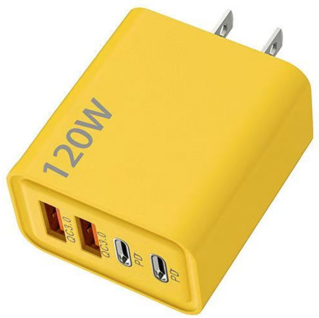 四口快充充電器 PD & QC3.0 相容 智慧充電, 黃色, 1個