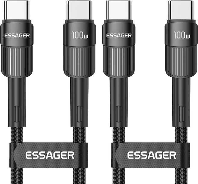 Essager 말랑이 탄성 단선 방지 메탈 100W C to C타입 고속 충전 케이블 2개입, 1m, 블랙, 2개