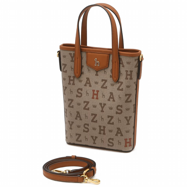 [헤지스]여성 미니크로스백 브라운 이니셜로고 가죽 토트백