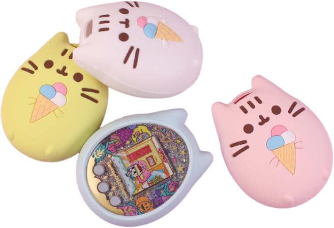 SANS 고양이 캐릭터 다마고치 실리콘 커버 안전 케이스 보호필름, 핑크