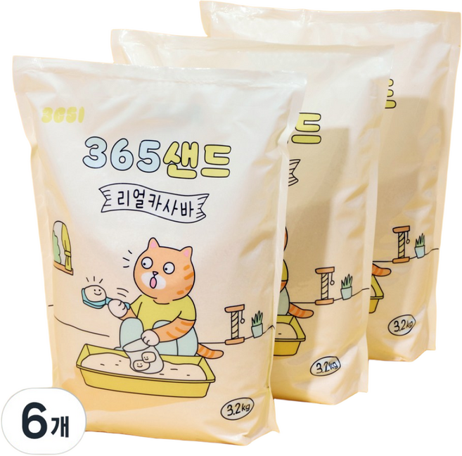 3651 365샌드 리얼카사바 고양이 모래, 3.2kg, 6개, 무향
