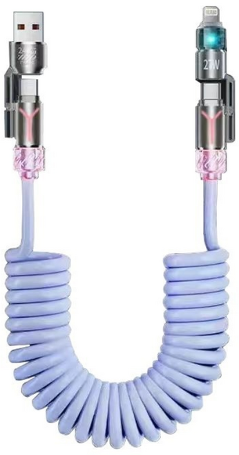 240W 4인1 멀티 인터페이스 스프링 고속 충전 케이블 발광 가능SJX, 1개, 스프링-블루, 2m