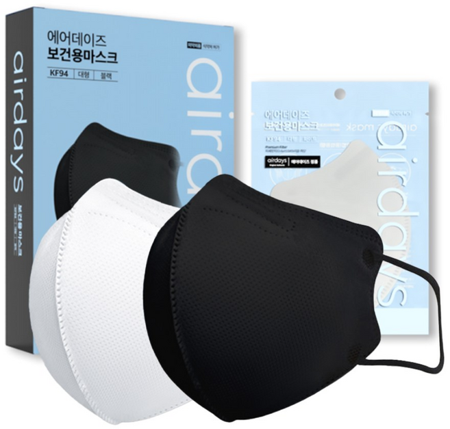 에어데이즈 KF94 블랙 화이트 새부리 마스크 대형, 화이트 100매