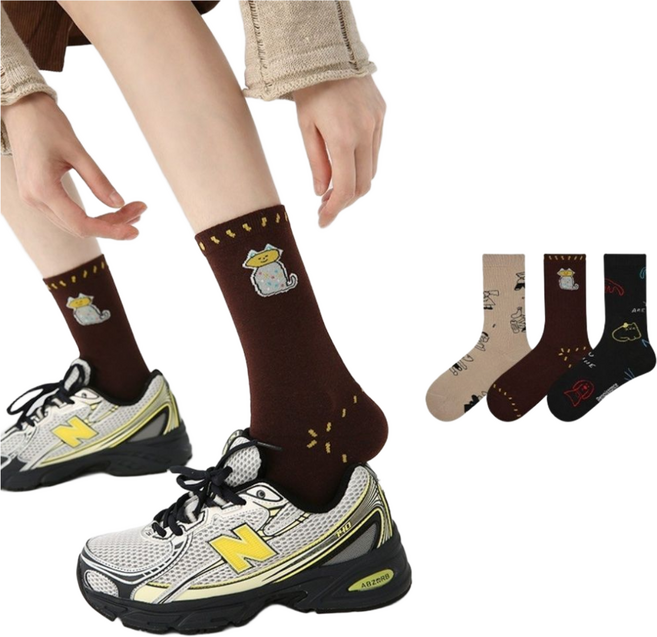 Hello Weekend 여성 귀여운 봄여름 양말 중목 양말 장목 양말 중목 양말 운동 패션 순면 양말 3족 세트