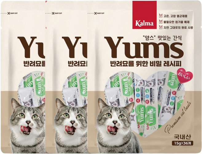 칼마 국내산 고양이 대용량 가성비 짜먹는 간식 얌스 황태 15g x 36개 / 108개