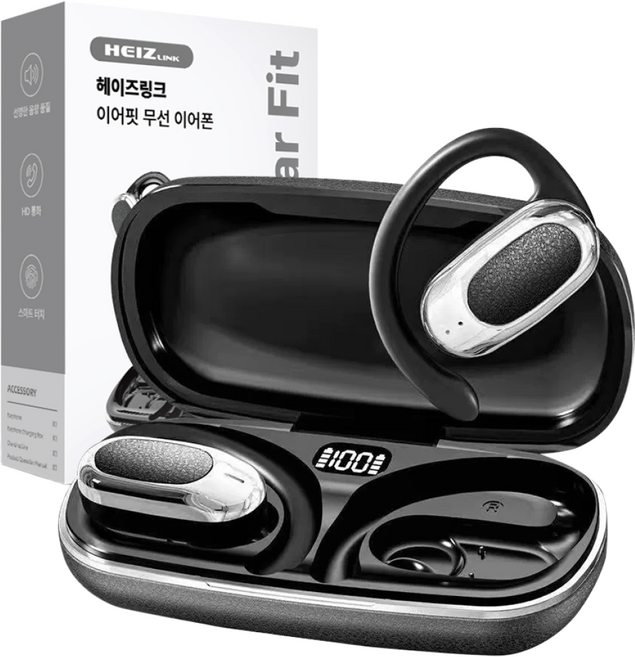 헤이슨 이어핏 귀걸이형 오픈형 무선 블루투스 이어폰 골전도 노이즈 캔슬링 고음질 방수 5.4, 블랙