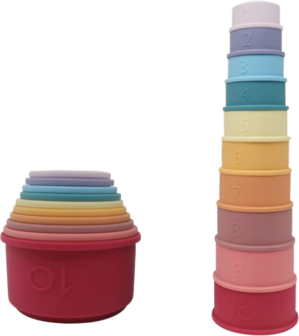 아트릴리 동물 숫자 실리콘 스태킹컵 유아용 10단 컵쌓기 소근육발달 완구 장난감, 1세트, 무지개 컬러