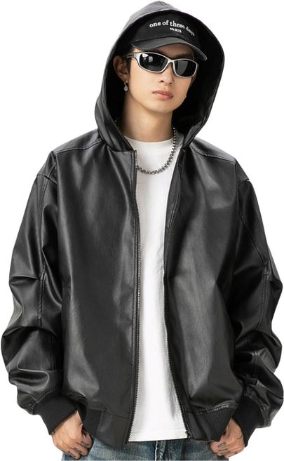 코디코치 메리 후드 가죽 자켓 남녀공용 바이크 라이더 페이크 레더 후드 집업 아우터 점퍼