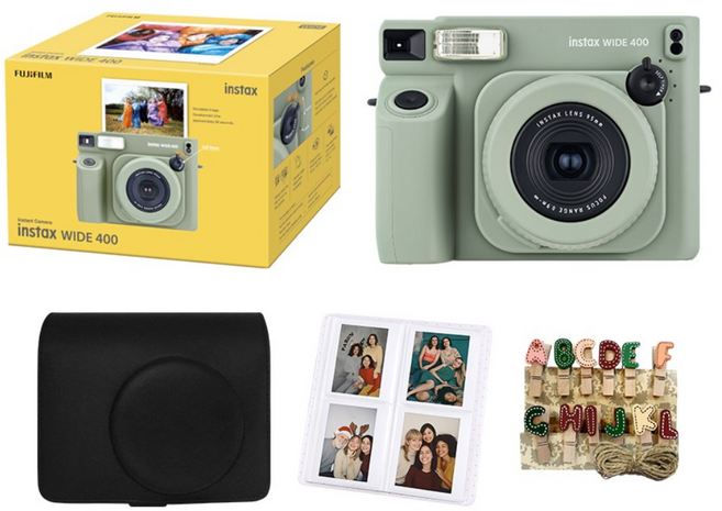 인스탁스 와이드400 가죽케이스 패키지 즉석카메라, 1세트, 세이지그린/블랙