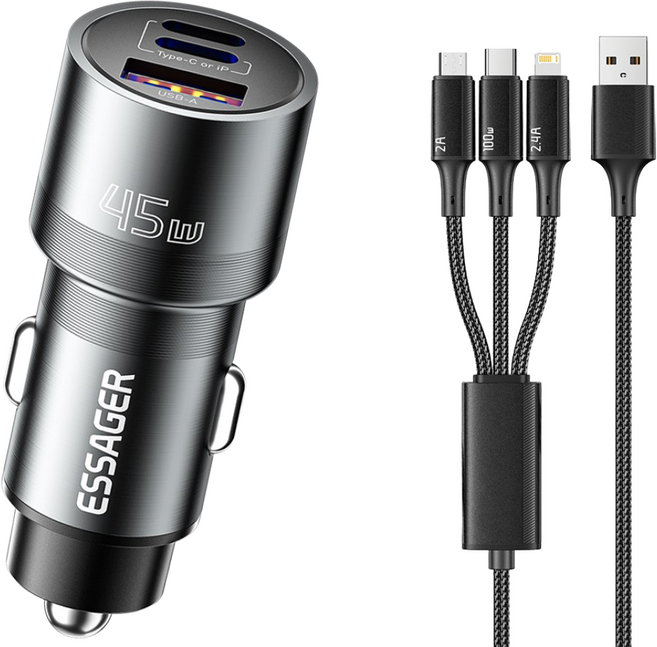 Essager 45W 3포트 듀얼 C타입+USB A타입 차량용 시거잭 자동차 고속 충전기 3-1 100W C타입 고속 충전 케이블 보함, 그레이