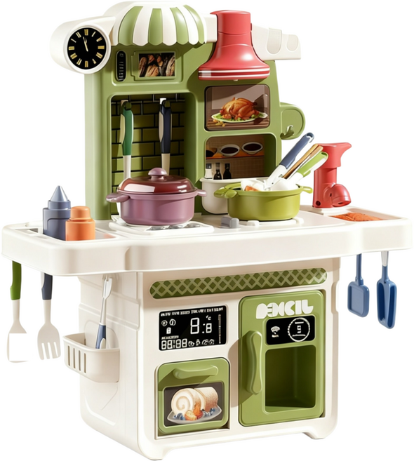 어린이 퍼즐 소꿉놀이 주방 만들기 요리 소리와 빛의 음악 누름으로 물에서 나오는 조리대 주방 장난감, 녹색, 1개
