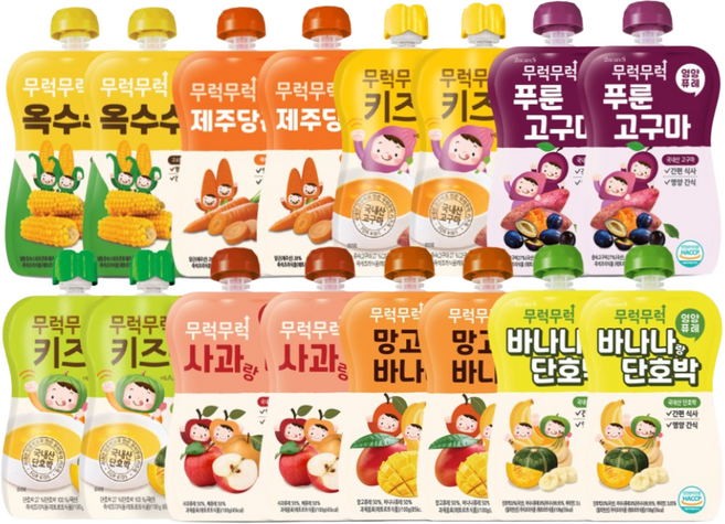 무럭무럭 키즈죽 과일퓨레 모두모아 16팩, 8종, 100g, 16개