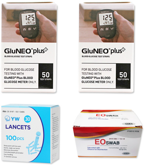 오상헬스케어 글루네오 플러스 혈당 시험지100+알콜솜+멸균침100 당뇨 당 체크지 검사지 측정지 100매, 1개