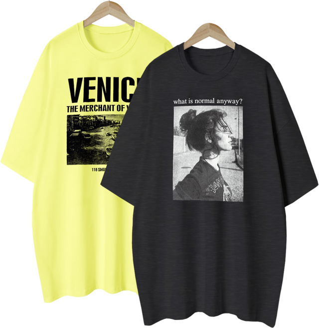 1+1 2장묶음 여성용 롱티 프린팅 레터링 여성 여자 반팔 티셔츠 루즈핏 편안한 빅사이즈 티