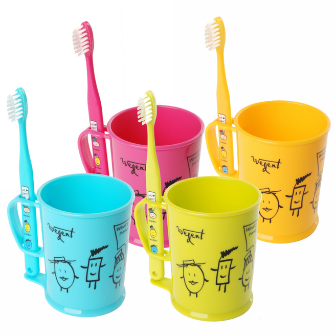 위덴 양치컵4P + 칫솔4P 세트 6~8세용, 옐로우 + 라임 + 스카이 + 핑크, 1세트