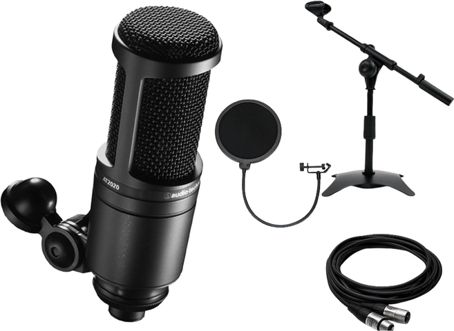 오디오테크니카 AT2020 보컬 레코딩 방송용 콘덴서 마이크 세트, T자스탠드+팝필터+케이블