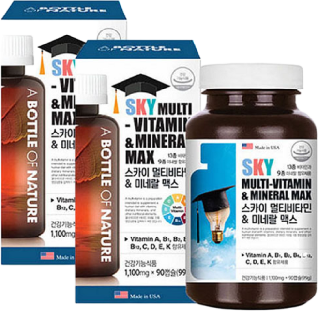 어바틀 스카이 멀티 비타민 미네랄 맥스 종합 영양제 활력 에너지 비타민B군 비오틴 엽산 판토텐산 항산화 비타민C E 셀렌 뼈 건강 비타민D 마그네슘 아연 철분 복합 기능식품 캡슐, 90정, 2개