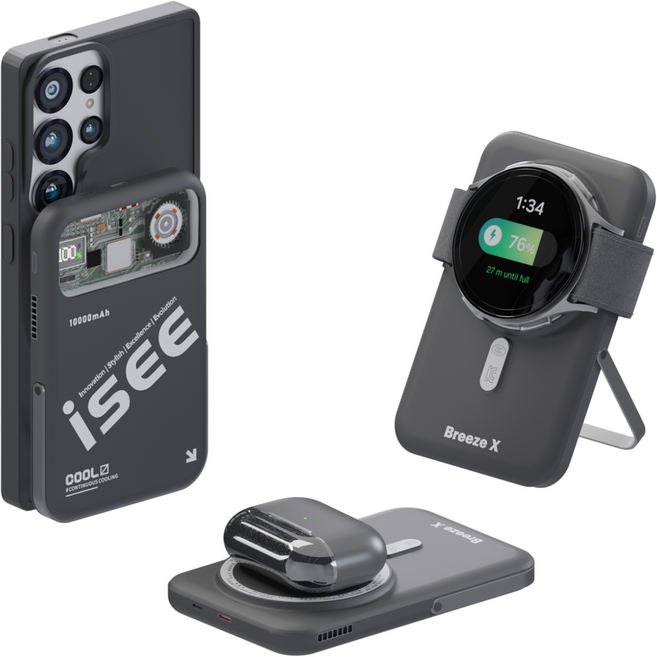 아이시(isee)맥세이프 준고체 보조배터리 10000mAh CCC 인증 3in1 냉각 15W 무선충전 22.5W 고속충전 애플워치 갤럭시워치 브리즈X, 블랙, 갤럭시 워치