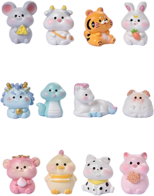 럭키 12간지.12지신 풍수 인형 미니동물 피규어 삼합띠 장식품, 12개 한세트