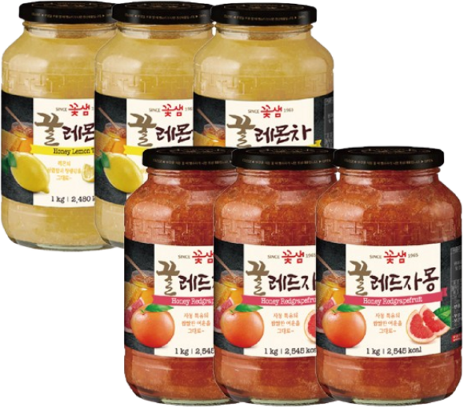 꽃샘식품 꿀레몬차 1kg x 3개 + 꿀레드자몽차 1kg x 3개, 꽃샘식품 꿀레몬차S 1kg 3개 + 꿀레드자몽차 1kg, 1개입