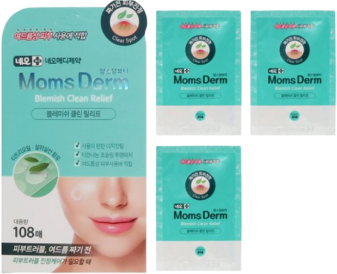 네오메디제약 맘스덤뷰티 블레미쉬 클린 릴리프 여드름 스팟패치 10mm x 80p + 12mm x 28p 세트 MomsDerm 뷰티패치 피부트러블 집중케어, 10개