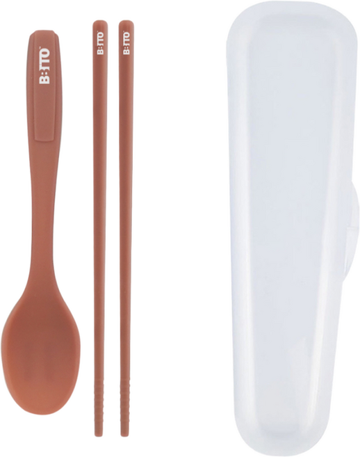 비비또 실리콘 어린이 숟가락 젓가락 위생케이스 세트, 1세트, 숟가락+젓가락+위생케이스, 핑크브라운