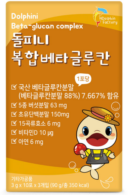 돌피니 복합베타글루칸 30포 1개월분 5종버섯분말 초유단백분말 15곡류효소 비타민D 아연 면역, 1박스, 90g
